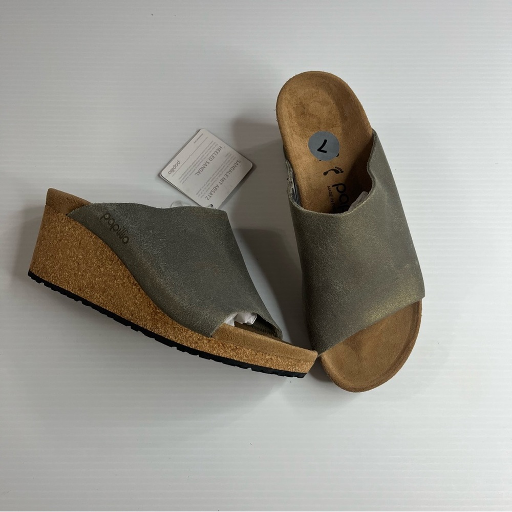 Birkenstock New Papillio Namica Washed Metallic Stone Gold Suede Sz 7 Wedges